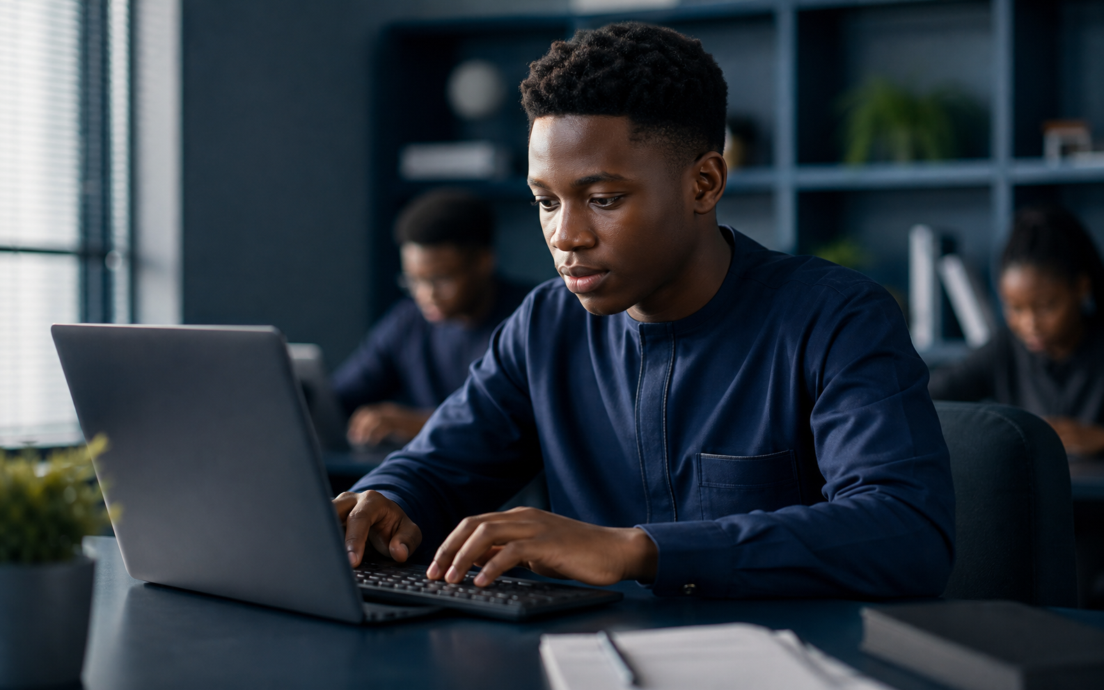 Student practicing typing in a modern learning space